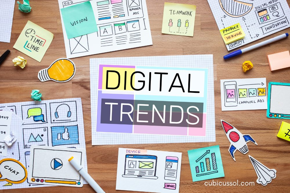 Digital trends on marketing meeting project with paper plan on desk table.